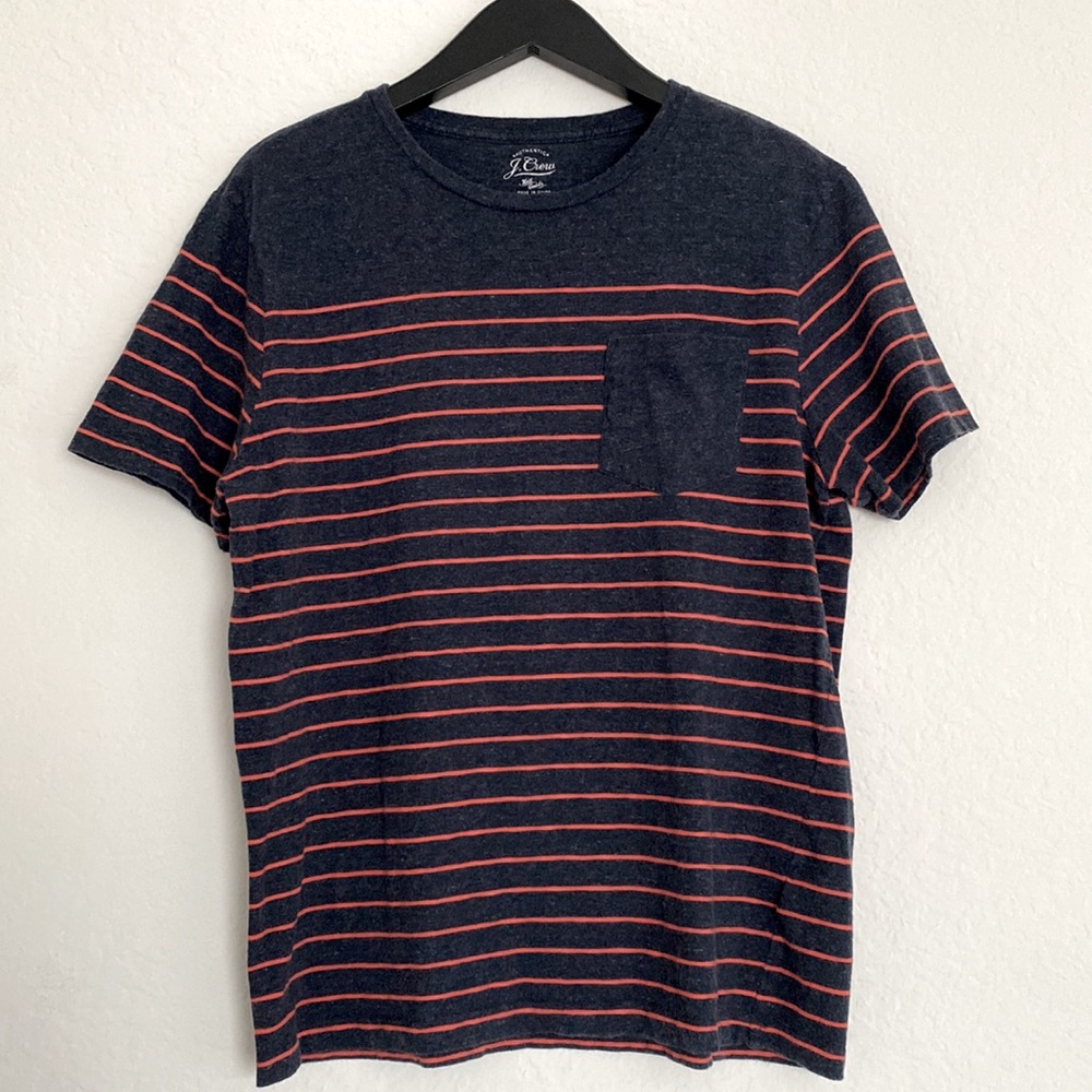 J. Crew - Men’s Garment Dyed Short Sleeved Slub Pocket Tee in Navy & Red Stripe - Picture 5 of 7